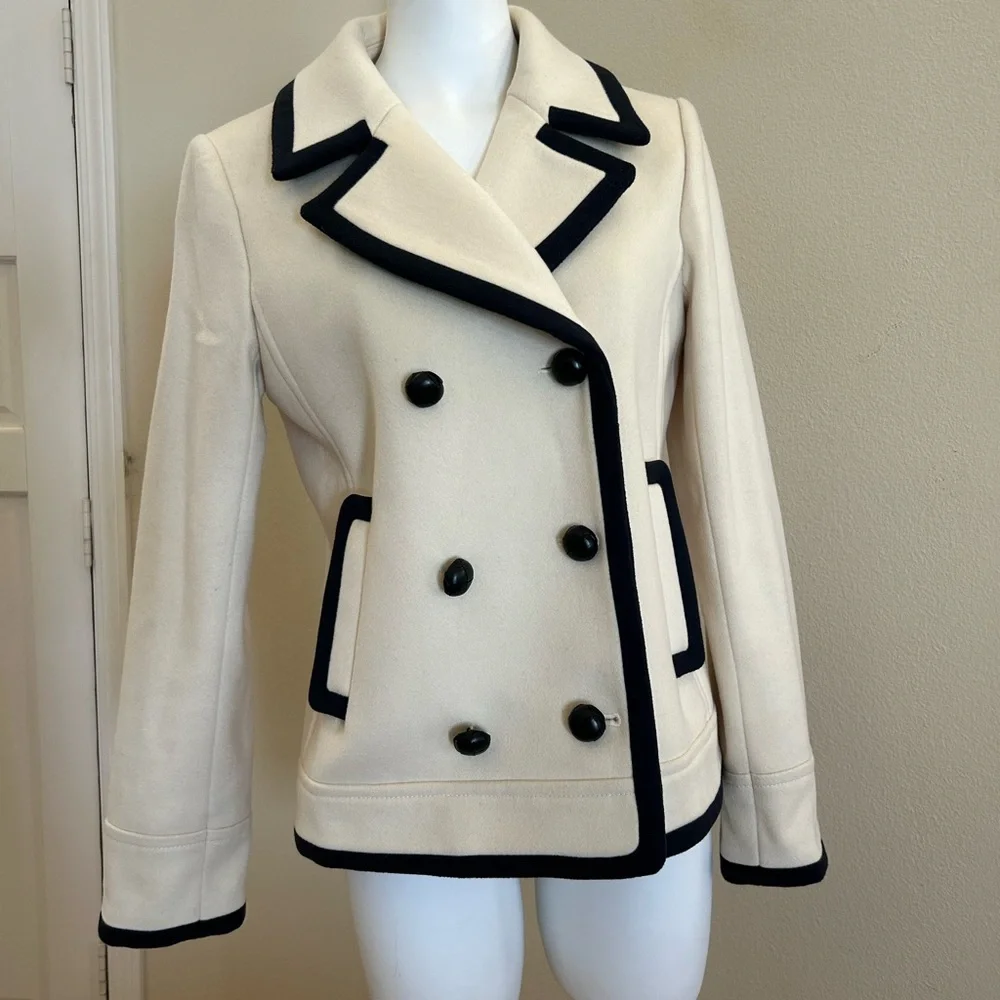 J. Crew Nello Gori Wool Peacoat 10 Double Breasted Off White Navy Blue / Black - Picture 6 of 11